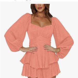 Chic Coral Puff Sleeve Romper